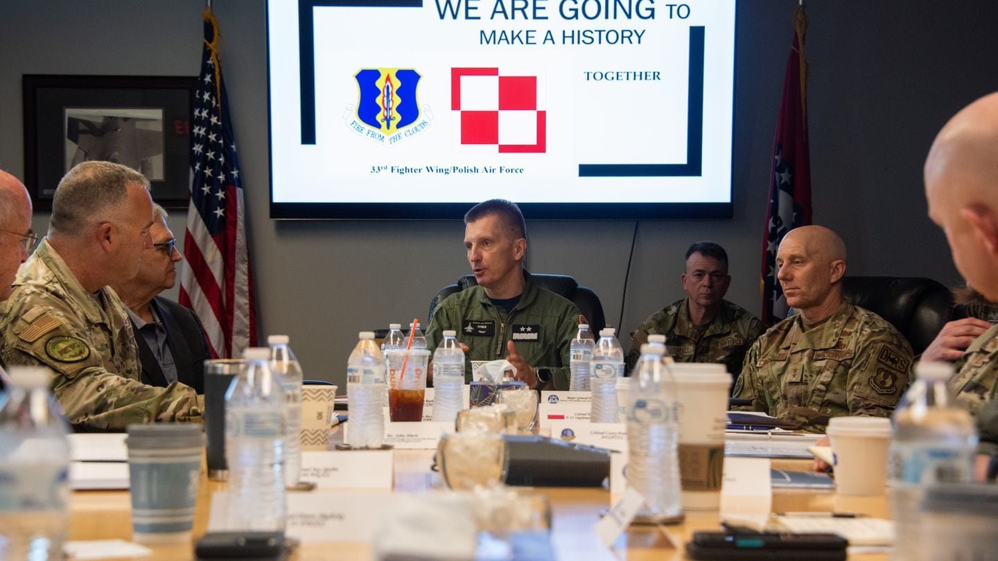 Maj. Gen. Ireneusz Nowak, inspector of the Polish Air Force, discusses updates to the U.S.-Poland F-35 foreign military sales program during a visit to Ebbing Air National Guard Base in Fort Smith, Arkansas, on May 6, 2024. (Tech. Sgt. Christopher Sherlock/Air National Guard)