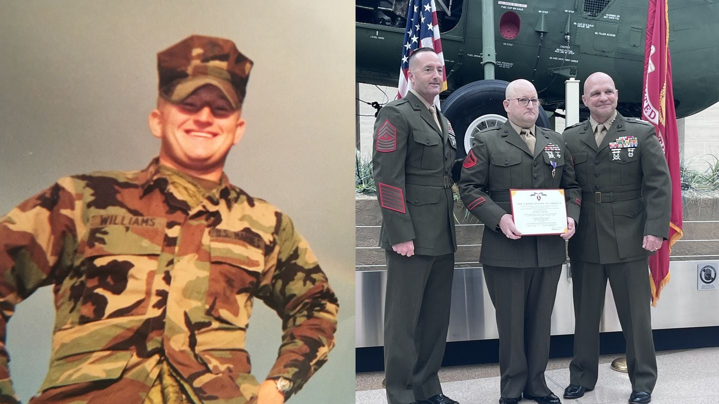 Marine Corps veteran Jeremy Williams is shown in a pair of photos in 2005 (left) while he was in service and in March 2024 (right, center) during a ceremony belatedly awarding him a Purple Heart. Williams said he smiles much less frequently now because of ongoing dental problems from his time in the service. (Photos courtesy of Jeremy Williams)