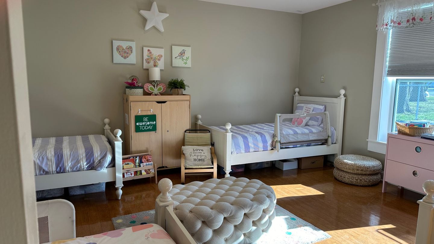 The girls' bedroom at the 24-hour child care center at Joint Expeditionary Base Little Creek-Fort Story, Va., March 20, 2024. (Karen Jowers/Military Times)